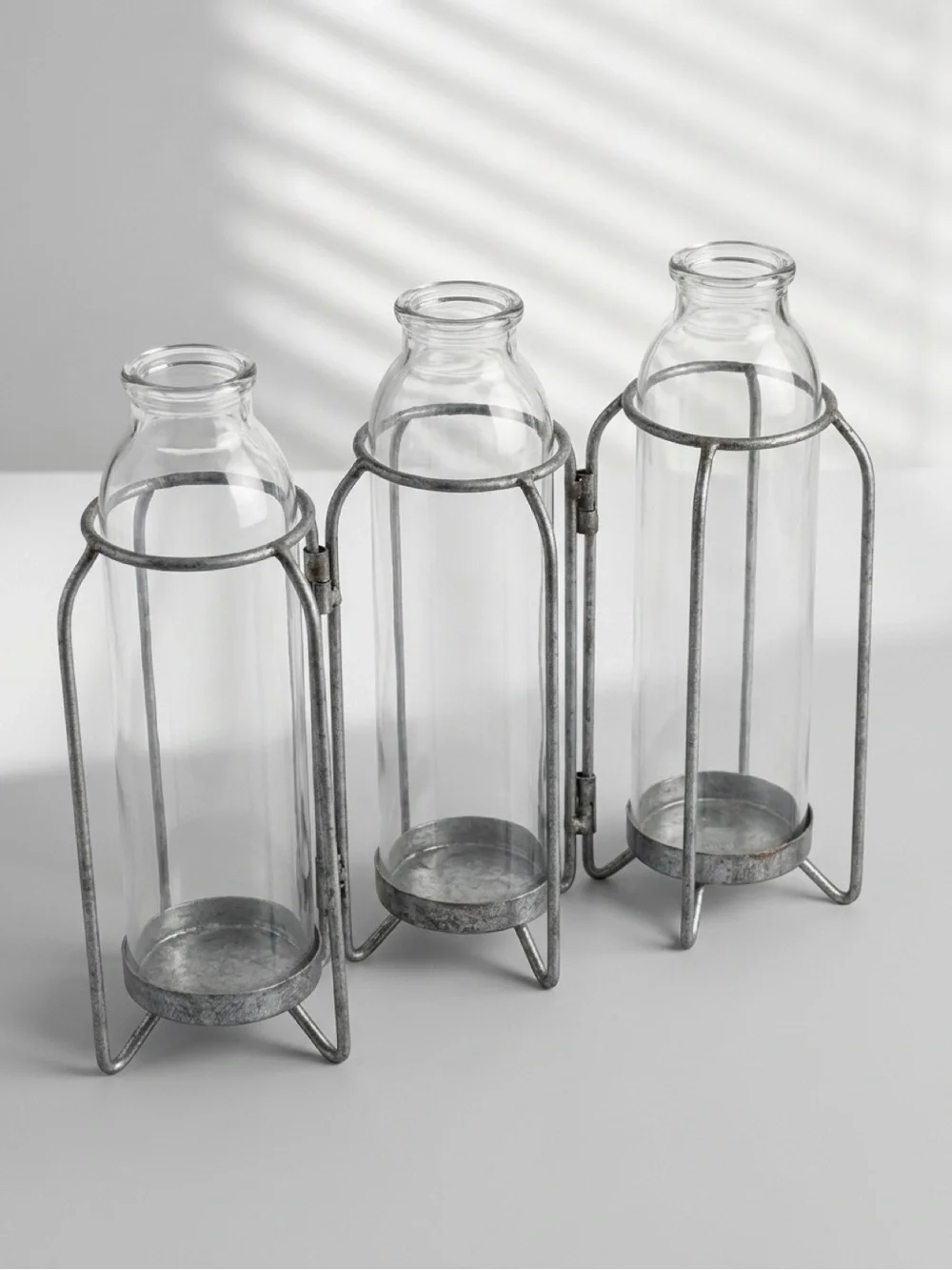 Clear Glass Bottle Trio with Hinged Metal Frames - Rustic Home Accents NWOT